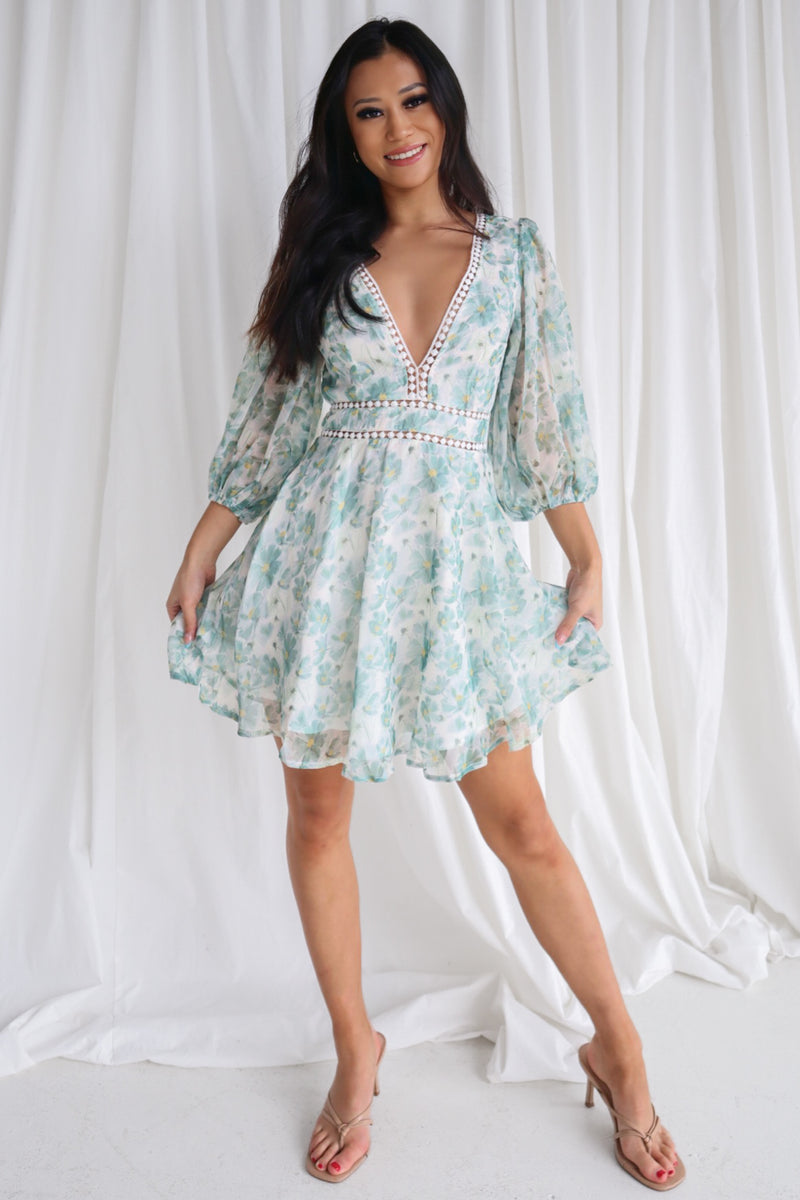 V-Neck Ruffle Trimmed Floral Chiffon Dress in Sage