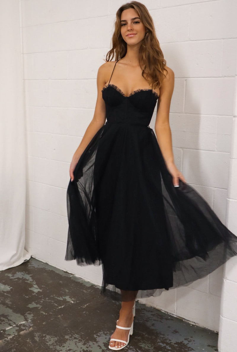 Two Piece Tulle Skirt Bridesmaid Dresses Black Tea Length