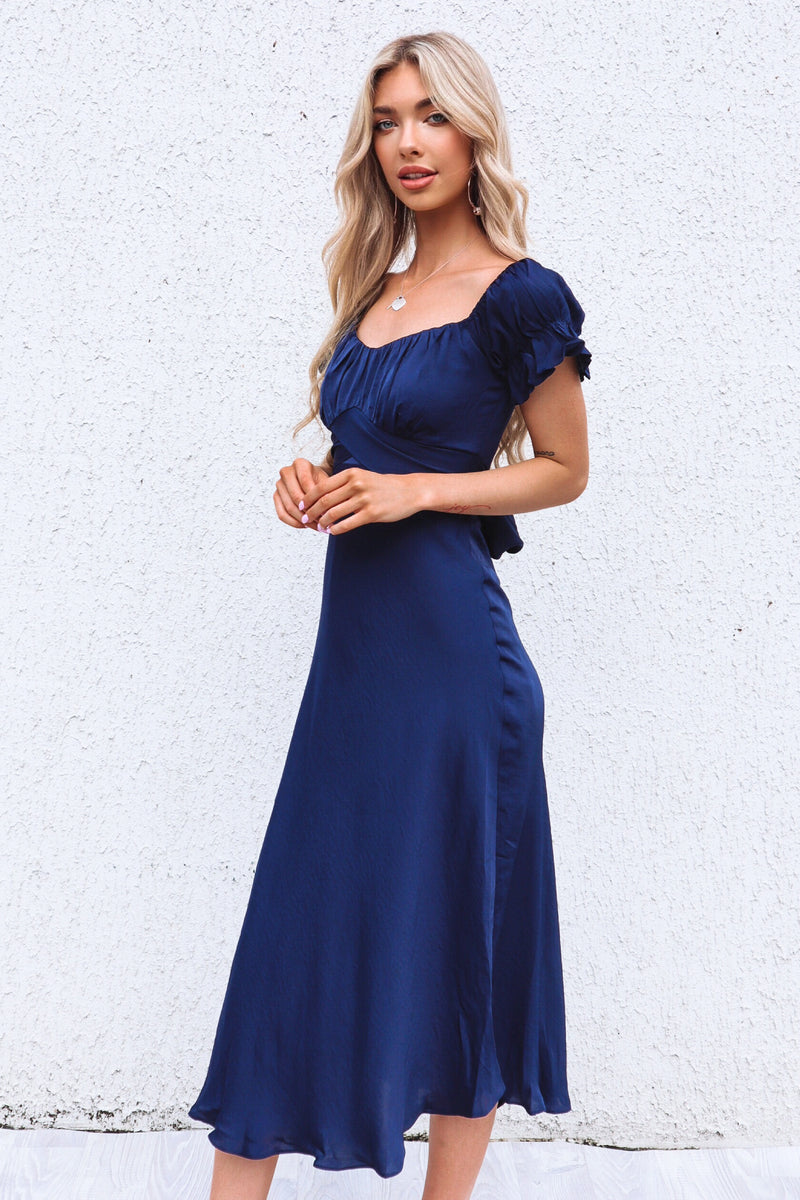 Claudia Midi Dress - Cute Chic Off Shoulder Staple Navy Blue Dress – Runway  Goddess