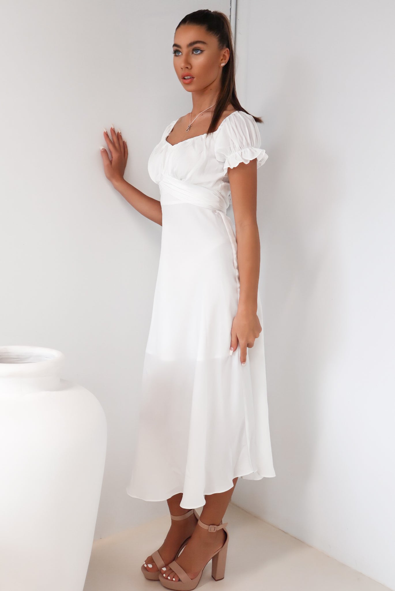 Claudia Midi Dress - Cute Flowy Puff Sleeve Chic White Midi – Runway ...