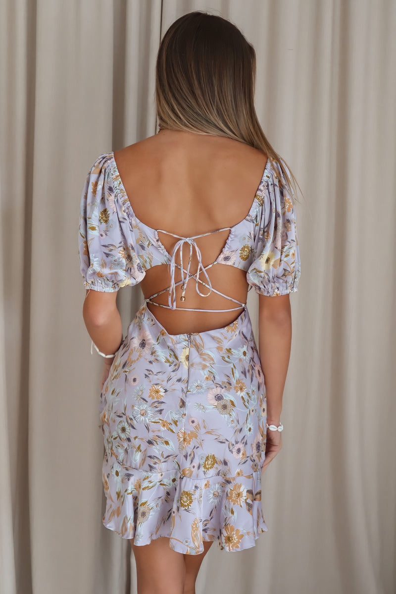 Genovia Mini Dress - Lilac Floral Satin Picnic Lace-up Cutout – Runway  Goddess