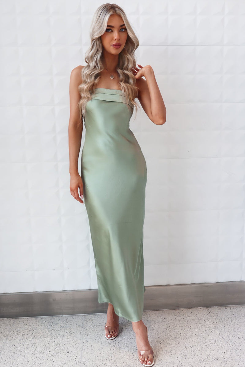 Kyra Maxi Dress Satin Sage Green Strapless Semi Formal Dress