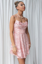 Lila Mini Dress - Pink Lace Floral Cowl Neck Semi Formal Picnic