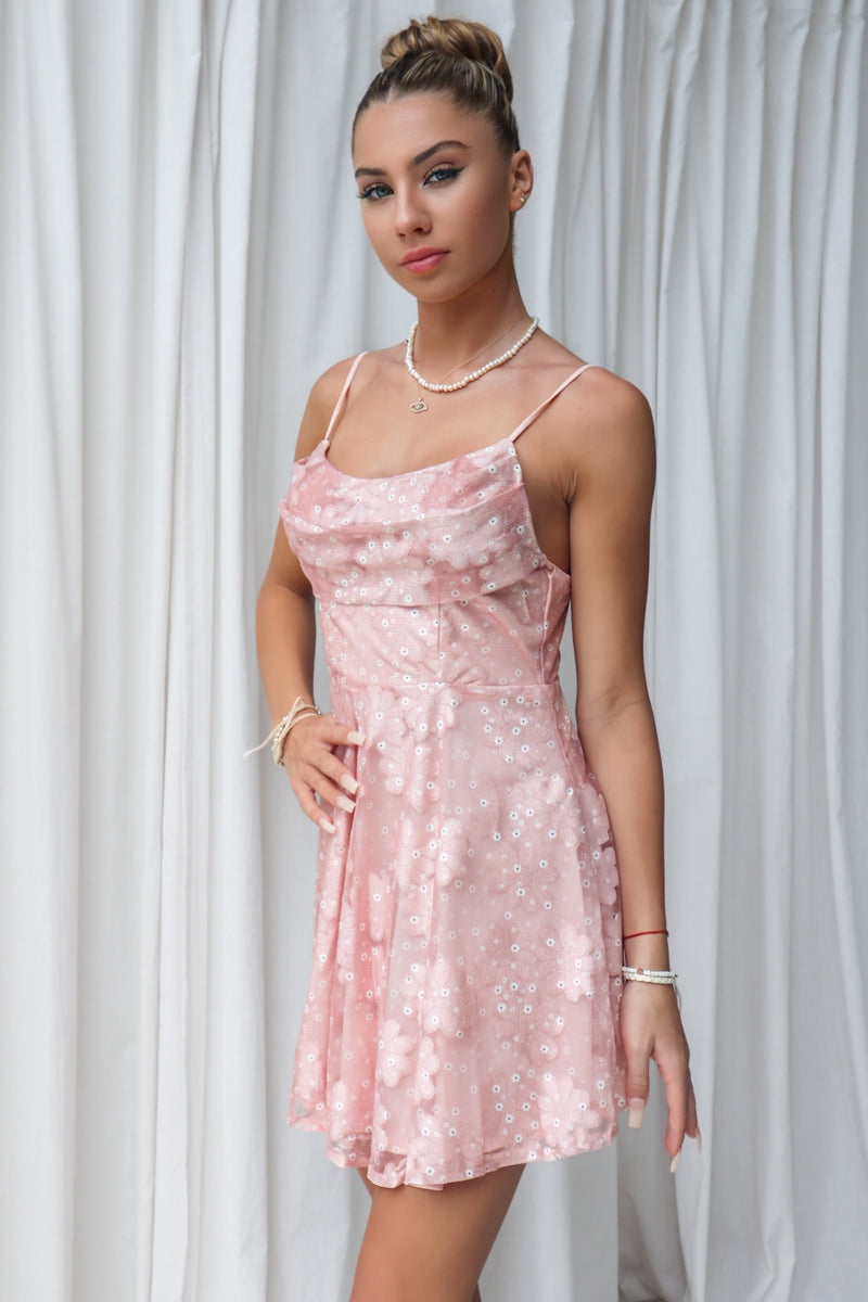 Lila Mini Dress - Pink Lace Floral Cowl Neck Semi Formal Picnic Date –  Runway Goddess