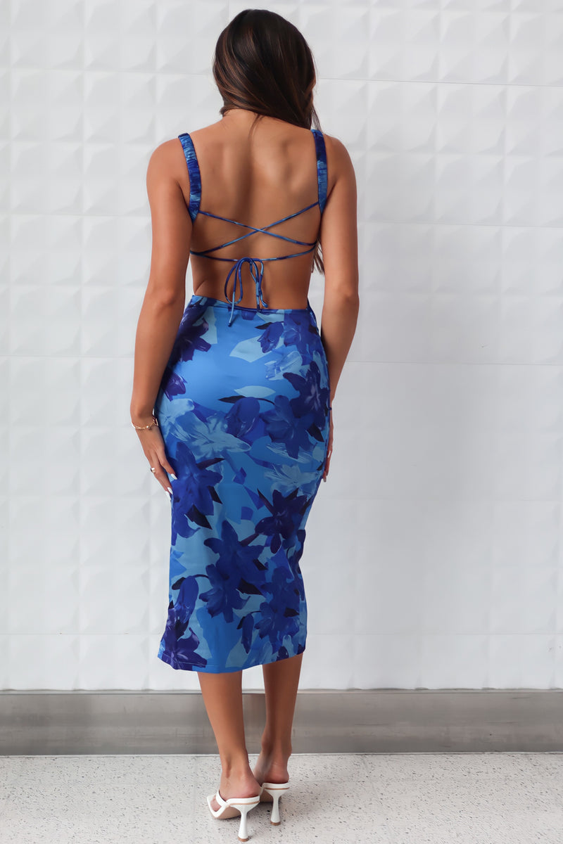 Tayah Satin Midi - Blue Floral Cutout Open Tie Back Semi Formal Dress –  Runway Goddess
